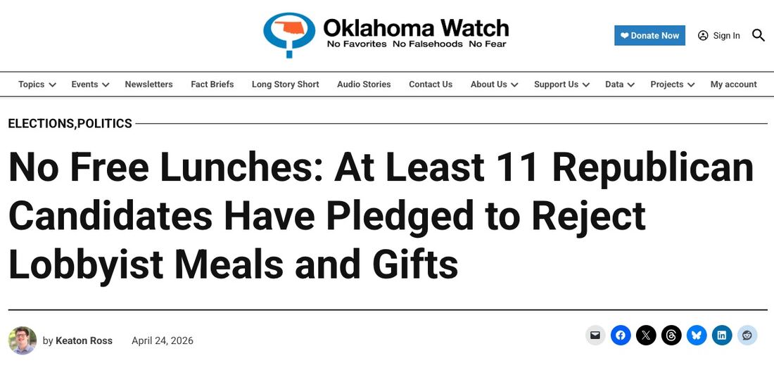 Oklahoma Watch article about Republican candidates pledging to reject lobbyist meals and gifts